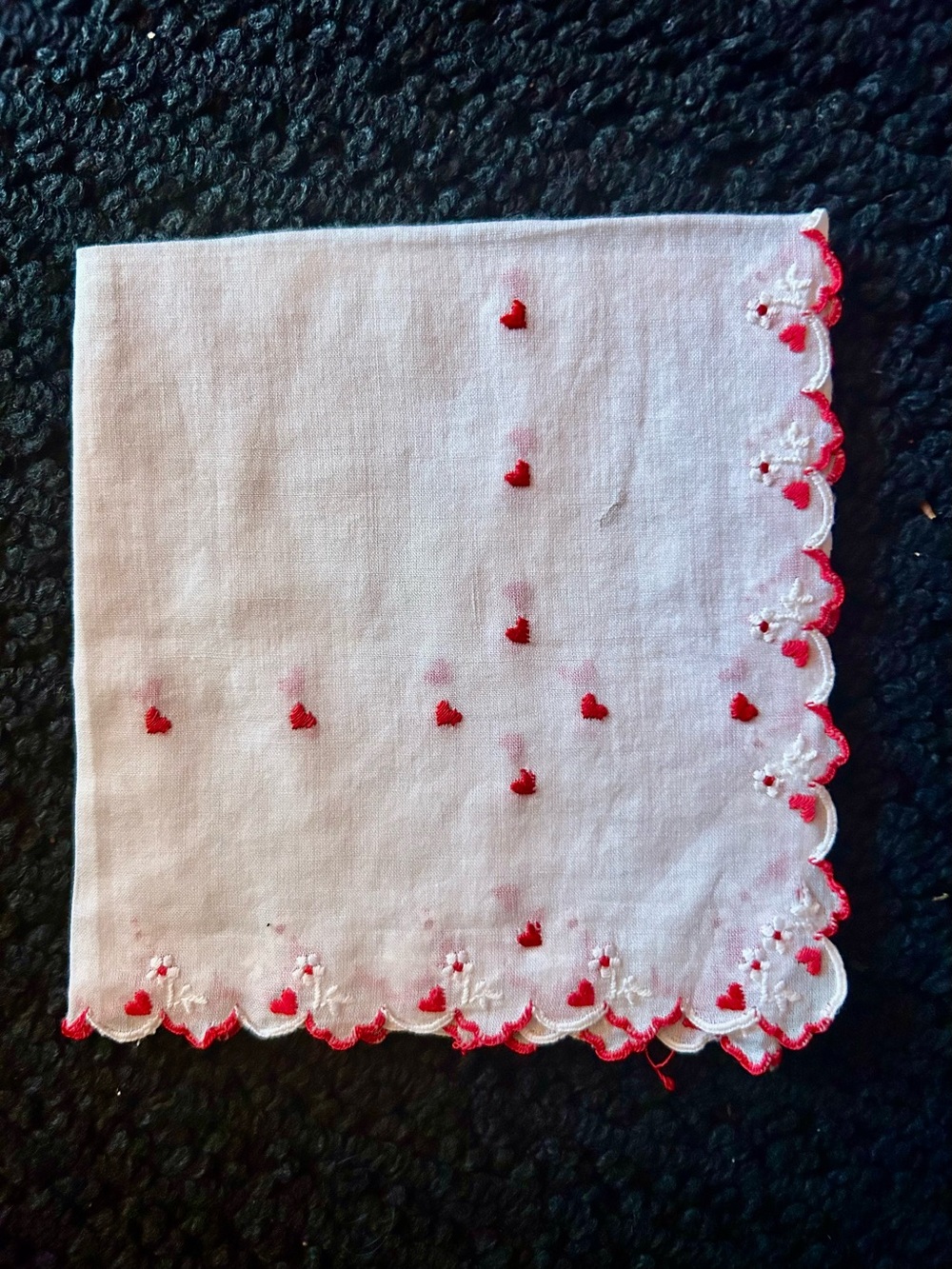 Vintage White Linen Handkerchief with Red ❤️❤️❤️Heart Embroidery